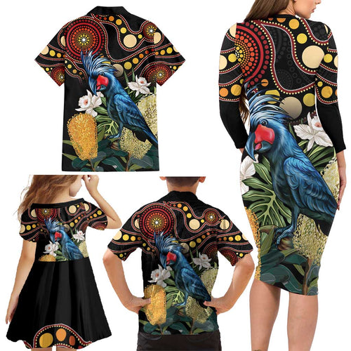 Australia Palm Cockatoo Family Matching Long Sleeve Bodycon Dress and Hawaiian Shirt Aussie Banksia - Aboriginal Pattern