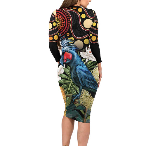 Australia Palm Cockatoo Family Matching Long Sleeve Bodycon Dress and Hawaiian Shirt Aussie Banksia - Aboriginal Pattern