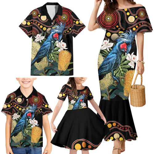 Australia Palm Cockatoo Family Matching Mermaid Dress and Hawaiian Shirt Aussie Banksia - Aboriginal Pattern