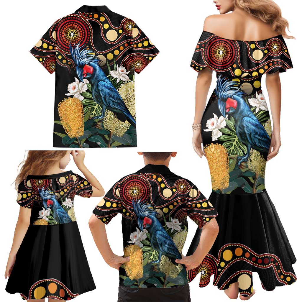 Australia Palm Cockatoo Family Matching Mermaid Dress and Hawaiian Shirt Aussie Banksia - Aboriginal Pattern