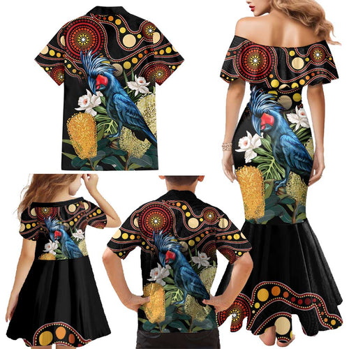 Australia Palm Cockatoo Family Matching Mermaid Dress and Hawaiian Shirt Aussie Banksia - Aboriginal Pattern