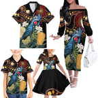 Australia Palm Cockatoo Family Matching Off The Shoulder Long Sleeve Dress and Hawaiian Shirt Aussie Banksia - Aboriginal Pattern