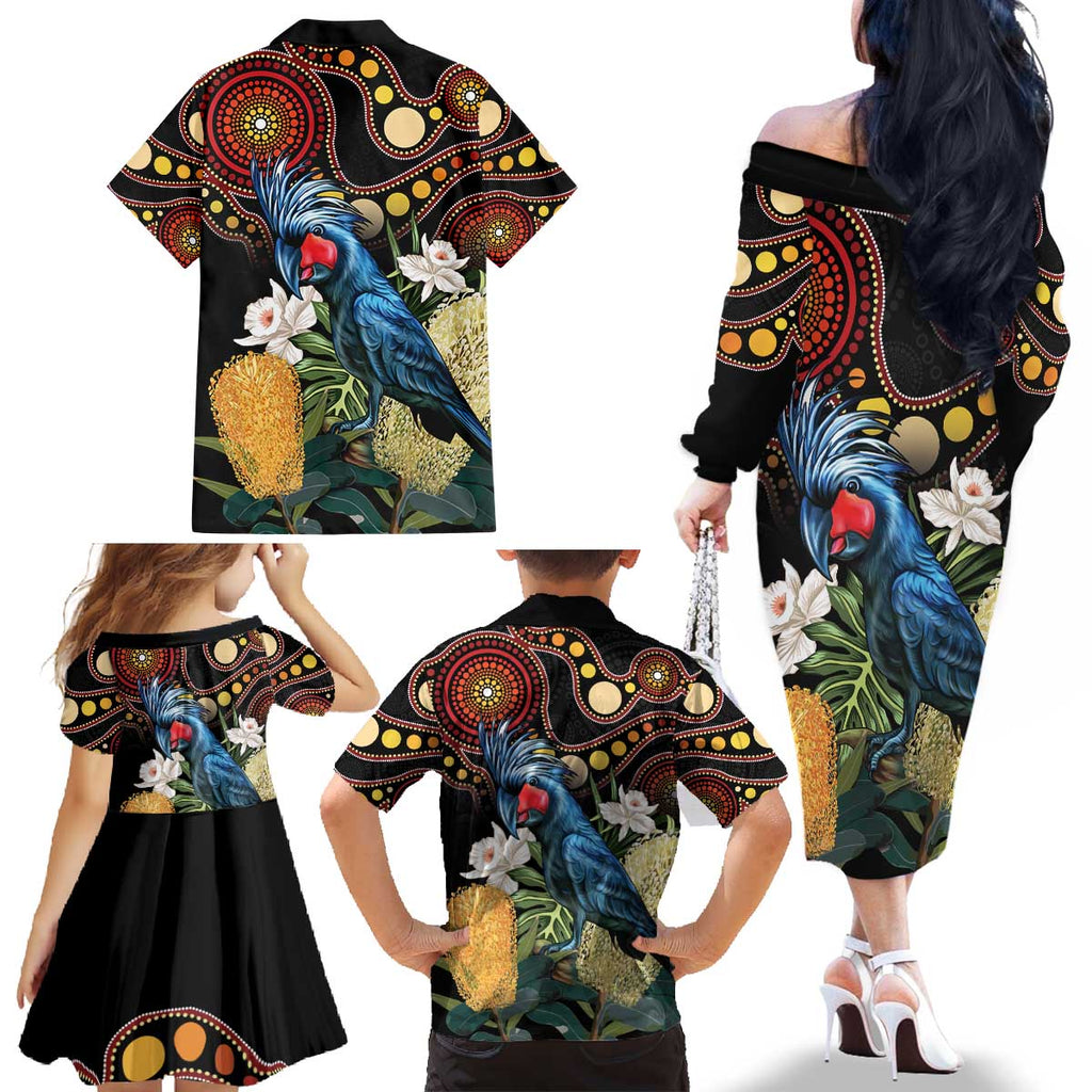 Australia Palm Cockatoo Family Matching Off The Shoulder Long Sleeve Dress and Hawaiian Shirt Aussie Banksia - Aboriginal Pattern