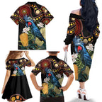 Australia Palm Cockatoo Family Matching Off The Shoulder Long Sleeve Dress and Hawaiian Shirt Aussie Banksia - Aboriginal Pattern