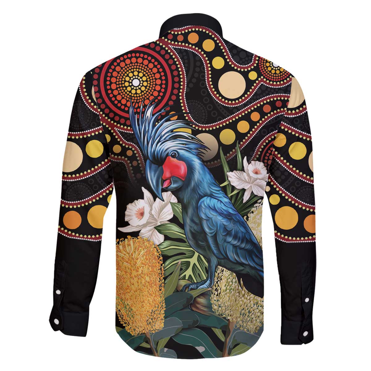 Australia Palm Cockatoo Family Matching Off The Shoulder Long Sleeve Dress and Hawaiian Shirt Aussie Banksia - Aboriginal Pattern