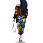 Australia Palm Cockatoo Family Matching Off The Shoulder Long Sleeve Dress and Hawaiian Shirt Aussie Banksia - Aboriginal Pattern