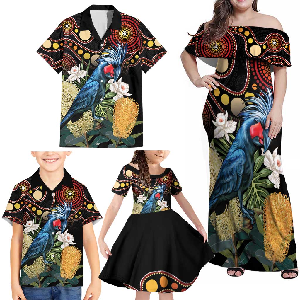 Australia Palm Cockatoo Family Matching Off Shoulder Maxi Dress and Hawaiian Shirt Aussie Banksia - Aboriginal Pattern