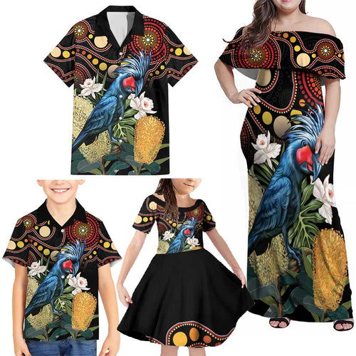 Australia Palm Cockatoo Family Matching Off Shoulder Maxi Dress and Hawaiian Shirt Aussie Banksia - Aboriginal Pattern