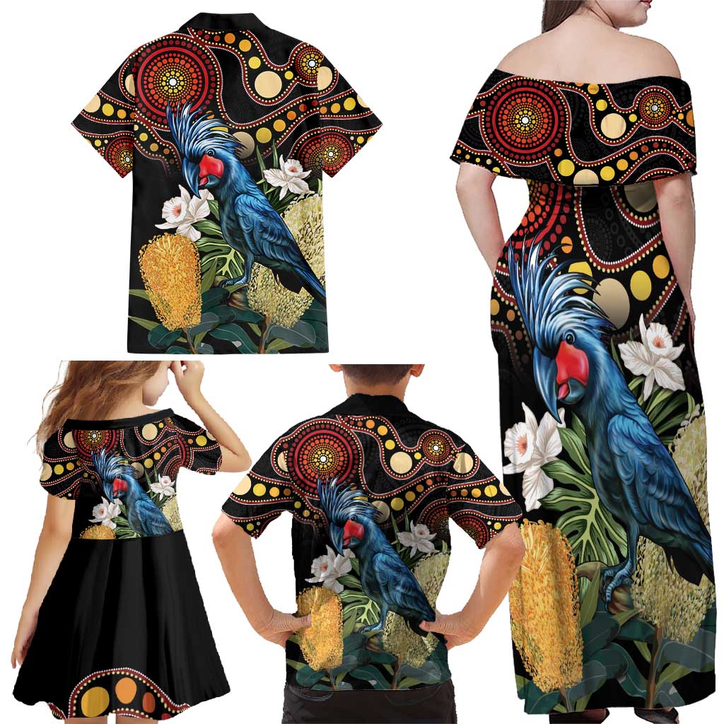 Australia Palm Cockatoo Family Matching Off Shoulder Maxi Dress and Hawaiian Shirt Aussie Banksia - Aboriginal Pattern