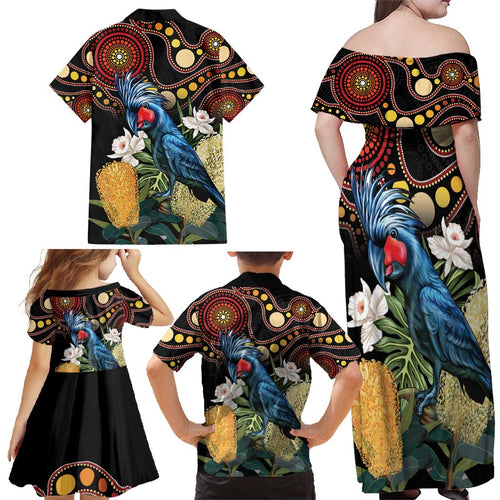 Australia Palm Cockatoo Family Matching Off Shoulder Maxi Dress and Hawaiian Shirt Aussie Banksia - Aboriginal Pattern