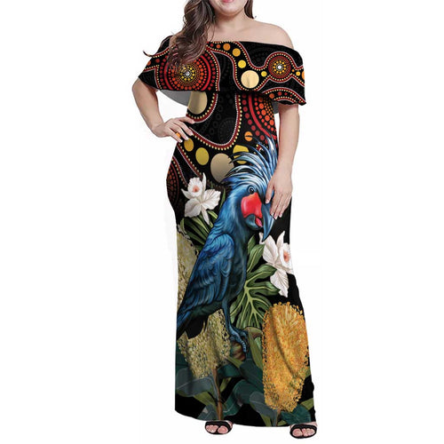 Australia Palm Cockatoo Family Matching Off Shoulder Maxi Dress and Hawaiian Shirt Aussie Banksia - Aboriginal Pattern
