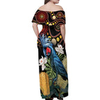 Australia Palm Cockatoo Family Matching Off Shoulder Maxi Dress and Hawaiian Shirt Aussie Banksia - Aboriginal Pattern