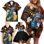 Australia Palm Cockatoo Family Matching Off Shoulder Short Dress and Hawaiian Shirt Aussie Banksia - Aboriginal Pattern