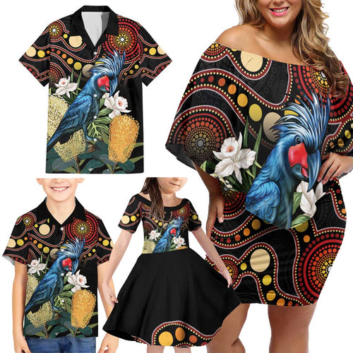 Australia Palm Cockatoo Family Matching Off Shoulder Short Dress and Hawaiian Shirt Aussie Banksia - Aboriginal Pattern