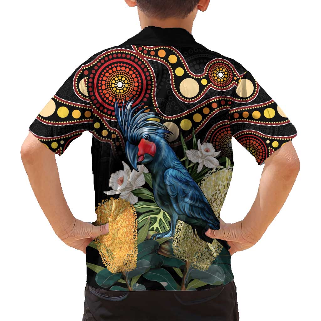 Australia Palm Cockatoo Family Matching Off Shoulder Short Dress and Hawaiian Shirt Aussie Banksia - Aboriginal Pattern
