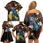 Australia Palm Cockatoo Family Matching Off Shoulder Short Dress and Hawaiian Shirt Aussie Banksia - Aboriginal Pattern