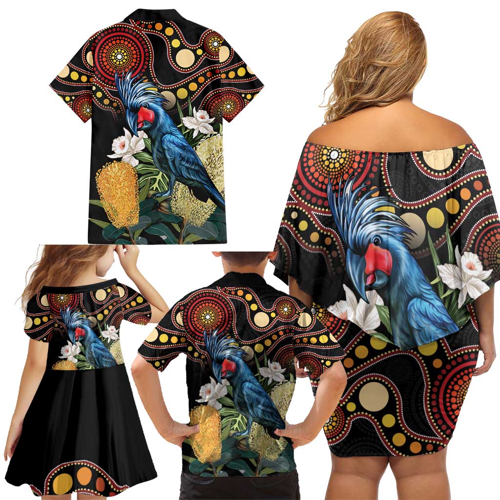 Australia Palm Cockatoo Family Matching Off Shoulder Short Dress and Hawaiian Shirt Aussie Banksia - Aboriginal Pattern
