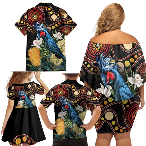 Australia Palm Cockatoo Family Matching Off Shoulder Short Dress and Hawaiian Shirt Aussie Banksia - Aboriginal Pattern