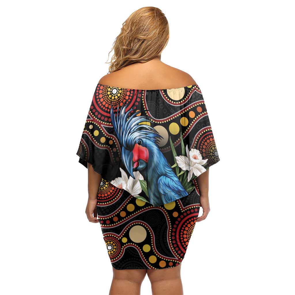 Australia Palm Cockatoo Family Matching Off Shoulder Short Dress and Hawaiian Shirt Aussie Banksia - Aboriginal Pattern