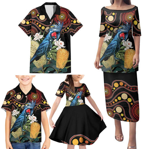 Australia Palm Cockatoo Family Matching Puletasi and Hawaiian Shirt Aussie Banksia - Aboriginal Pattern