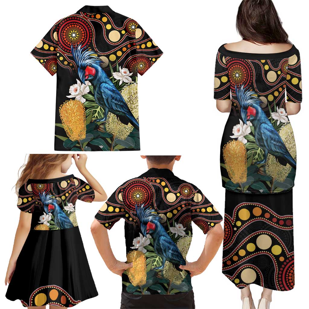 Australia Palm Cockatoo Family Matching Puletasi and Hawaiian Shirt Aussie Banksia - Aboriginal Pattern