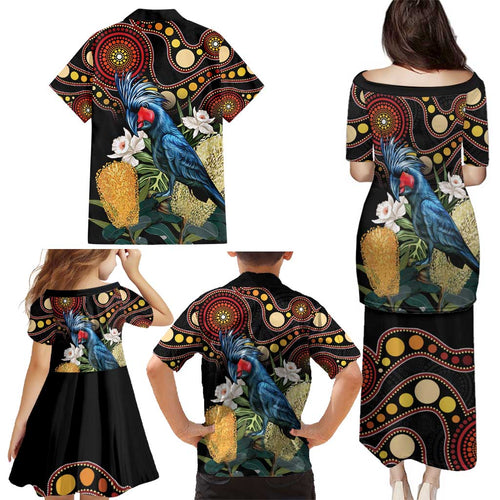 Australia Palm Cockatoo Family Matching Puletasi and Hawaiian Shirt Aussie Banksia - Aboriginal Pattern