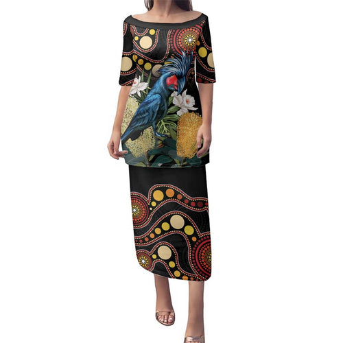 Australia Palm Cockatoo Family Matching Puletasi and Hawaiian Shirt Aussie Banksia - Aboriginal Pattern