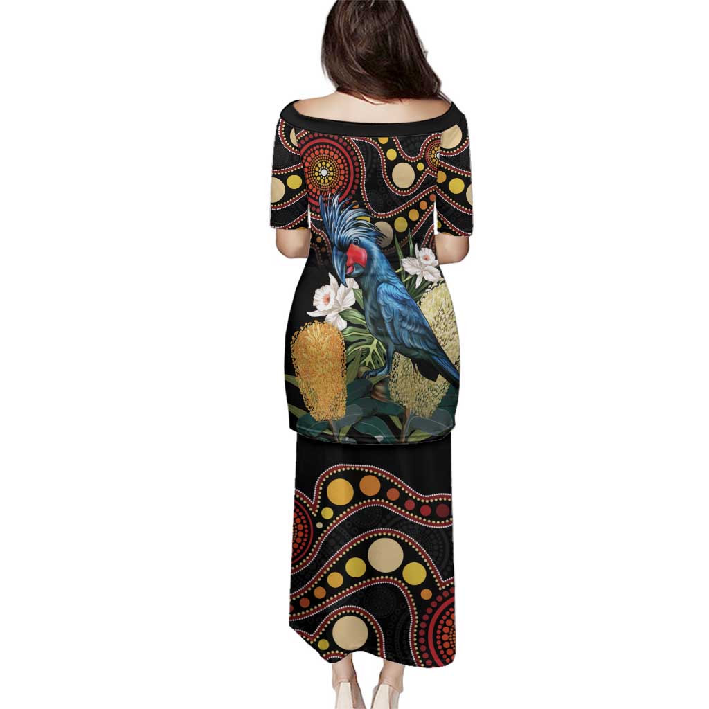 Australia Palm Cockatoo Family Matching Puletasi and Hawaiian Shirt Aussie Banksia - Aboriginal Pattern