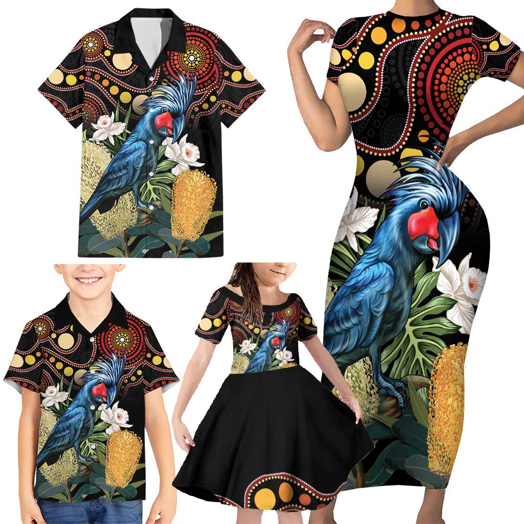 Australia Palm Cockatoo Family Matching Short Sleeve Bodycon Dress and Hawaiian Shirt Aussie Banksia - Aboriginal Pattern