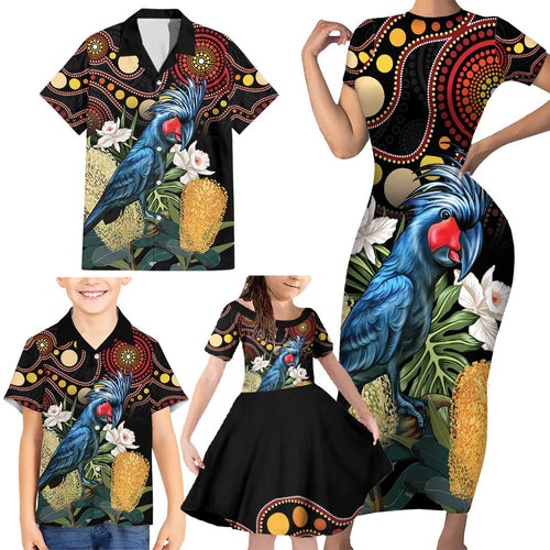 Australia Palm Cockatoo Family Matching Short Sleeve Bodycon Dress and Hawaiian Shirt Aussie Banksia - Aboriginal Pattern