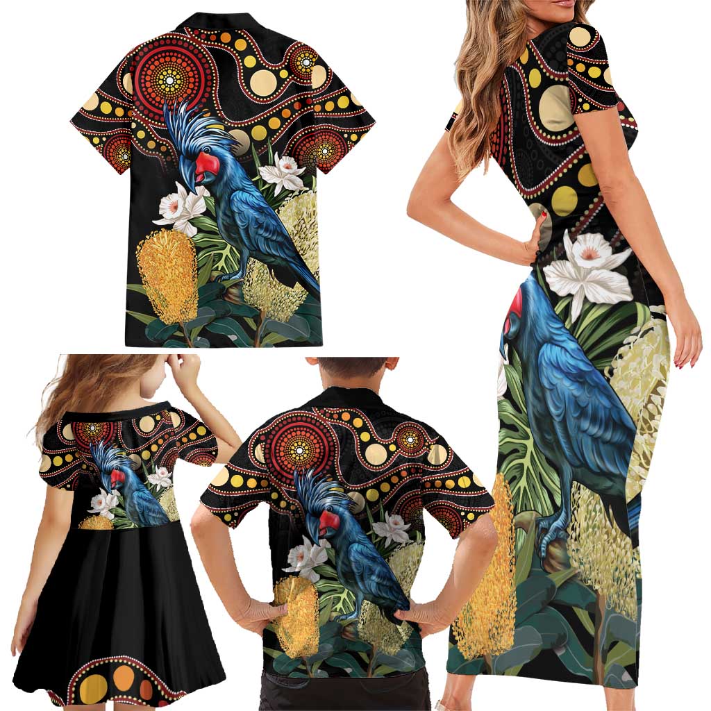 Australia Palm Cockatoo Family Matching Short Sleeve Bodycon Dress and Hawaiian Shirt Aussie Banksia - Aboriginal Pattern