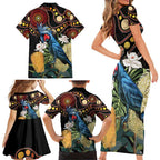 Australia Palm Cockatoo Family Matching Short Sleeve Bodycon Dress and Hawaiian Shirt Aussie Banksia - Aboriginal Pattern