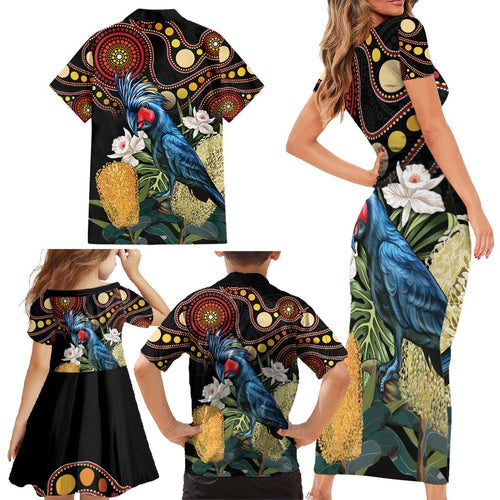 Australia Palm Cockatoo Family Matching Short Sleeve Bodycon Dress and Hawaiian Shirt Aussie Banksia - Aboriginal Pattern