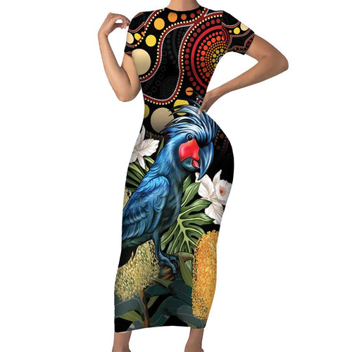 Australia Palm Cockatoo Family Matching Short Sleeve Bodycon Dress and Hawaiian Shirt Aussie Banksia - Aboriginal Pattern
