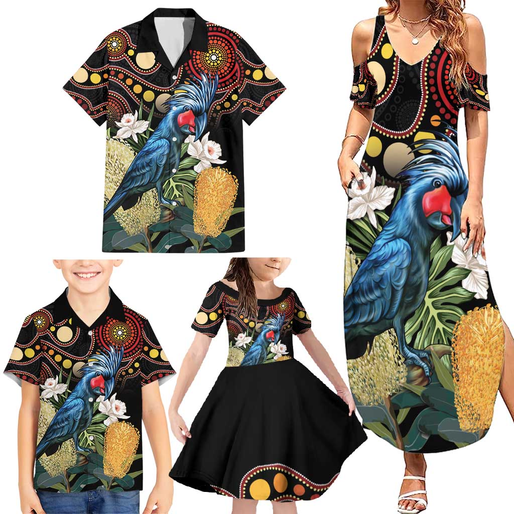 Australia Palm Cockatoo Family Matching Summer Maxi Dress and Hawaiian Shirt Aussie Banksia - Aboriginal Pattern