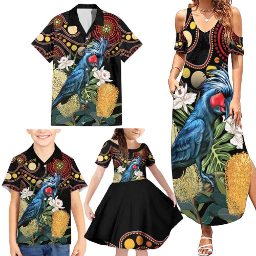 Australia Palm Cockatoo Family Matching Summer Maxi Dress and Hawaiian Shirt Aussie Banksia - Aboriginal Pattern