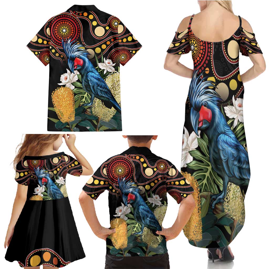 Australia Palm Cockatoo Family Matching Summer Maxi Dress and Hawaiian Shirt Aussie Banksia - Aboriginal Pattern
