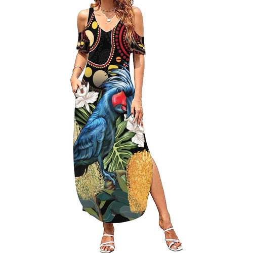 Australia Palm Cockatoo Family Matching Summer Maxi Dress and Hawaiian Shirt Aussie Banksia - Aboriginal Pattern