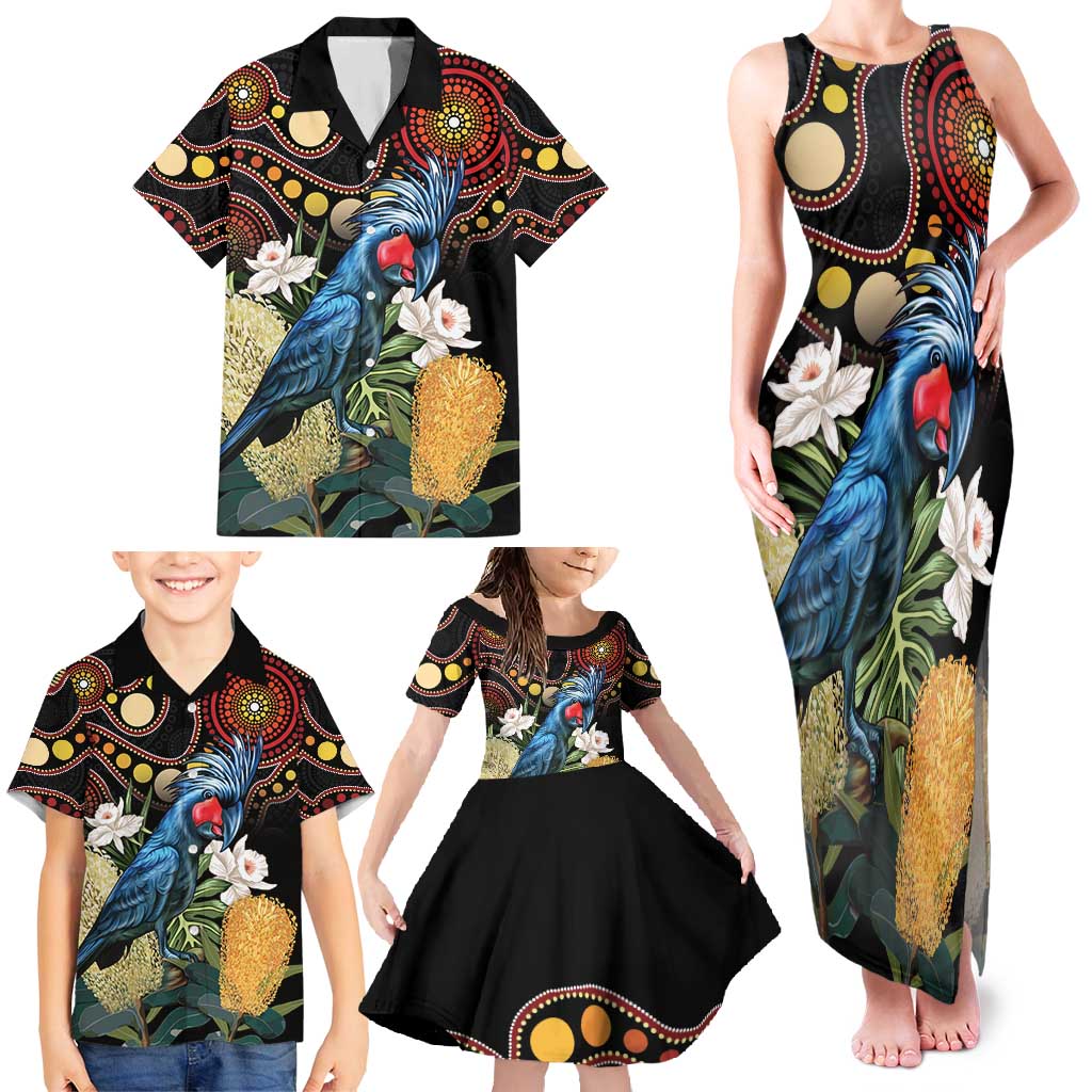 Australia Palm Cockatoo Family Matching Tank Maxi Dress and Hawaiian Shirt Aussie Banksia - Aboriginal Pattern