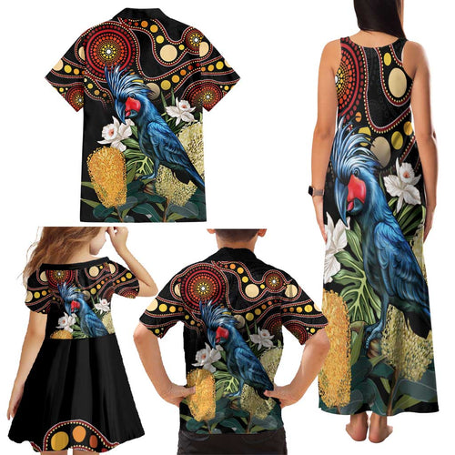 Australia Palm Cockatoo Family Matching Tank Maxi Dress and Hawaiian Shirt Aussie Banksia - Aboriginal Pattern