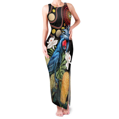 Australia Palm Cockatoo Family Matching Tank Maxi Dress and Hawaiian Shirt Aussie Banksia - Aboriginal Pattern