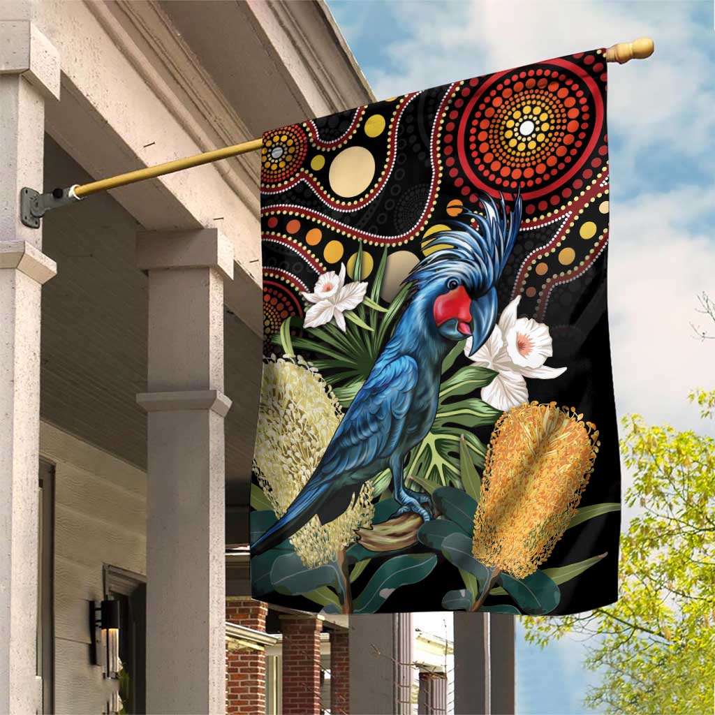 Australia Palm Cockatoo Garden Flag Aussie Banksia - Aboriginal Pattern