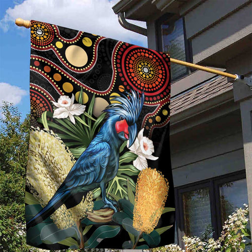 Australia Palm Cockatoo Garden Flag Aussie Banksia - Aboriginal Pattern