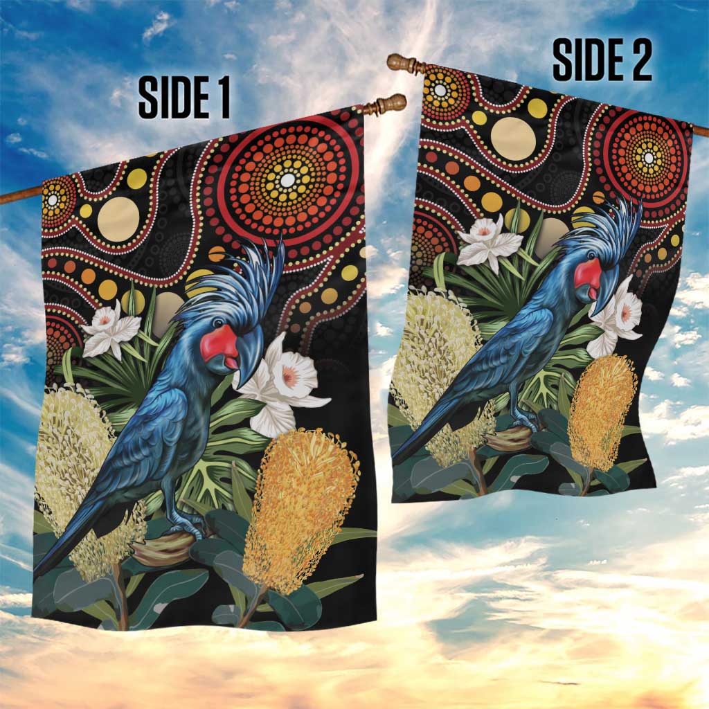 Australia Palm Cockatoo Garden Flag Aussie Banksia - Aboriginal Pattern