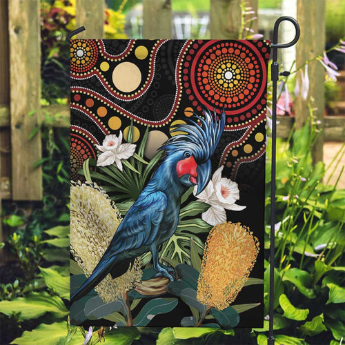 Australia Palm Cockatoo Garden Flag Aussie Banksia - Aboriginal Pattern