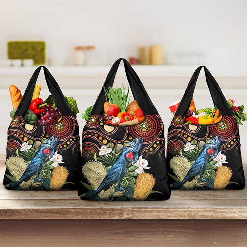 Australia Palm Cockatoo Grocery Bag Aussie Banksia - Aboriginal Pattern
