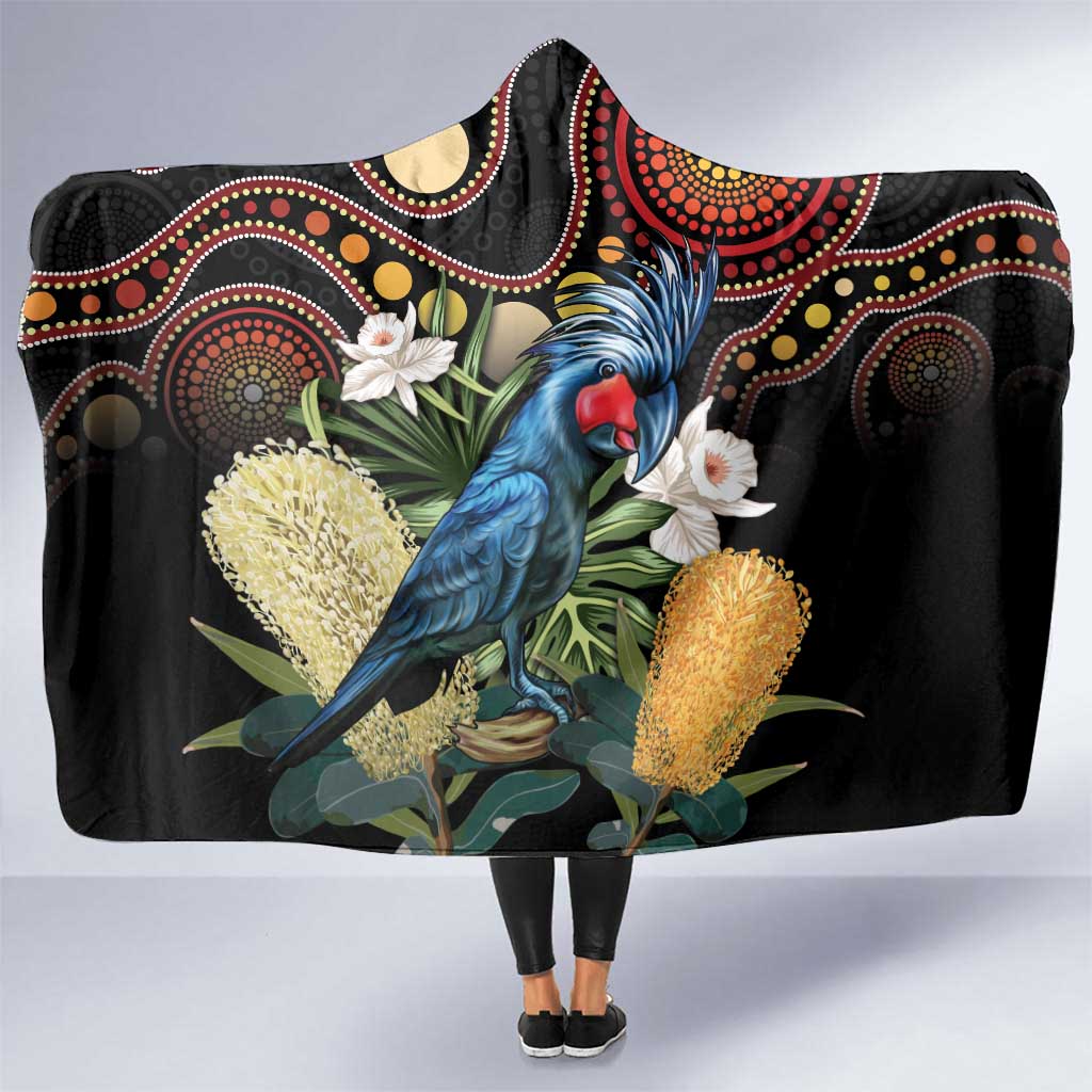 Australia Palm Cockatoo Hooded Blanket Aussie Banksia - Aboriginal Pattern