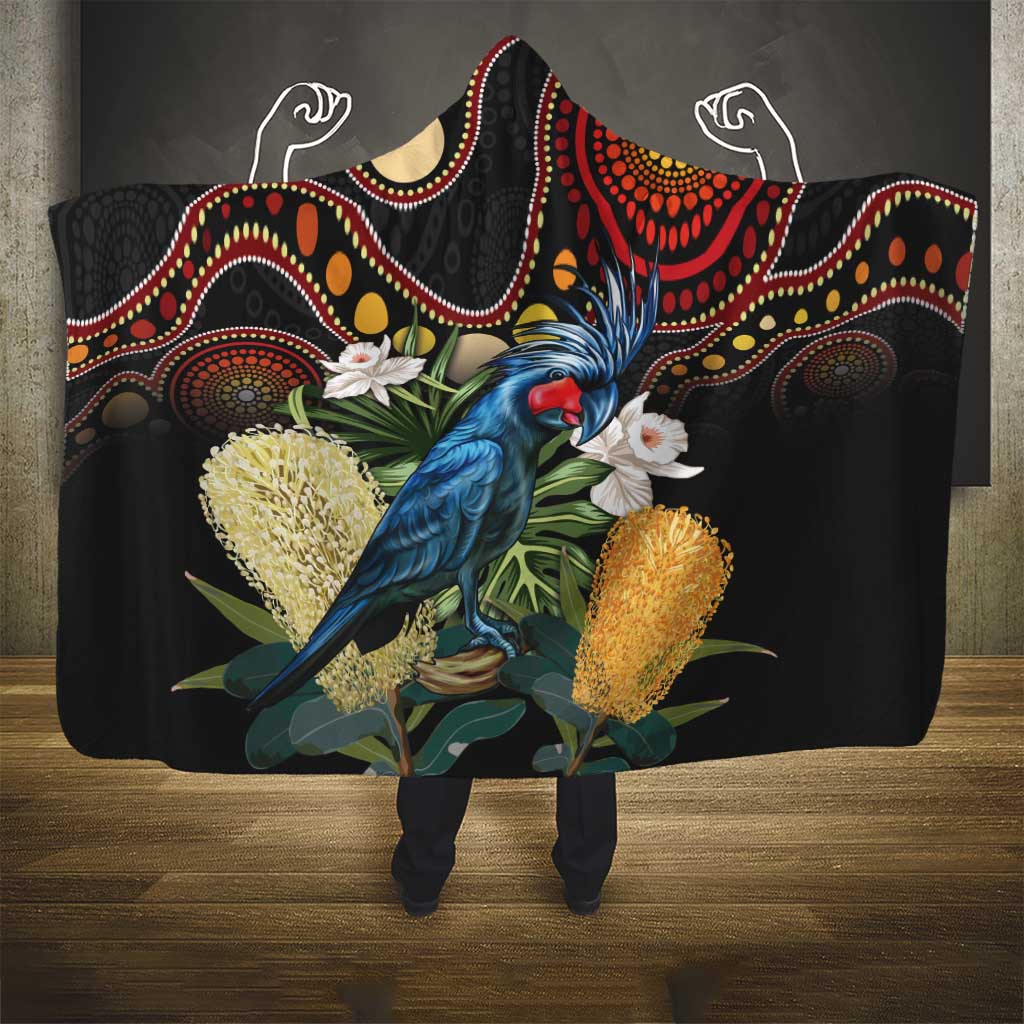 Australia Palm Cockatoo Hooded Blanket Aussie Banksia - Aboriginal Pattern