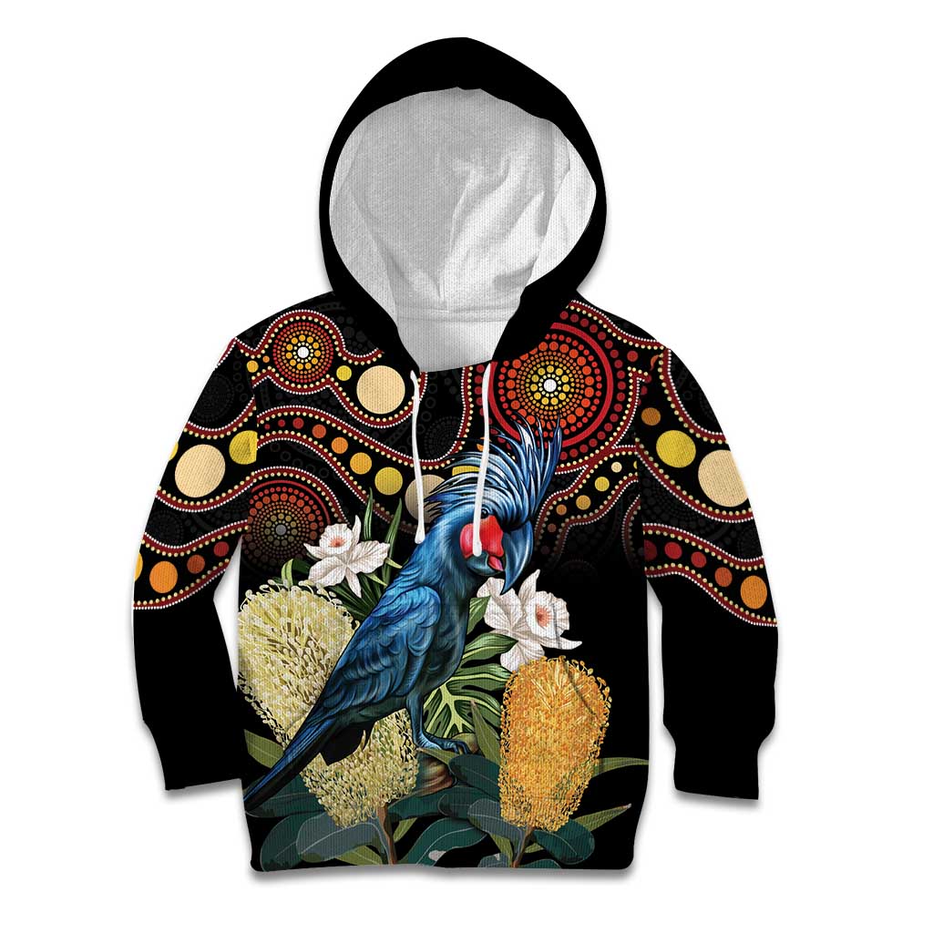 Australia Palm Cockatoo Kid Hoodie Aussie Banksia - Aboriginal Pattern