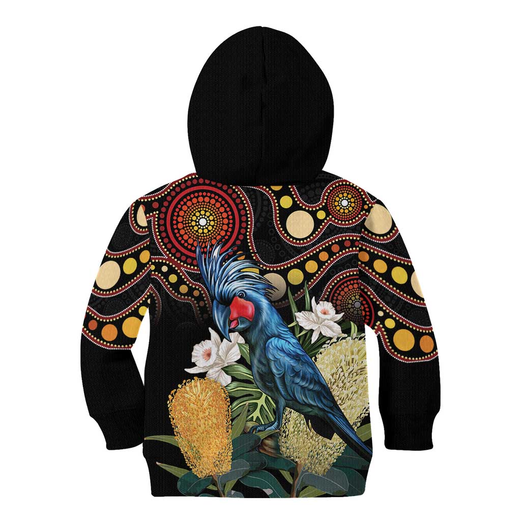 Australia Palm Cockatoo Kid Hoodie Aussie Banksia - Aboriginal Pattern
